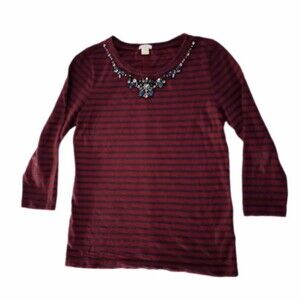 J.Crew Striped 3/4 Sleeve Jeweled Collar Top sz S Womens